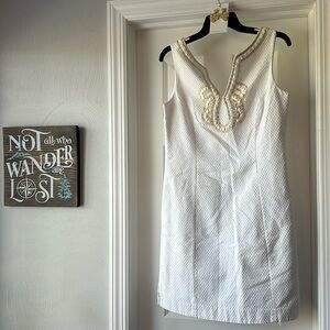 Lilly Pulitzer White/Gold Beaded Dress & J. Crew Earrings